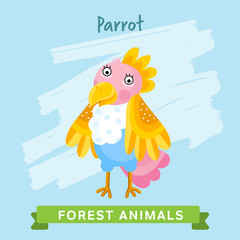 Parrot raster. Wild and forest animals. Cartoon characters illustration. Funny Animal.