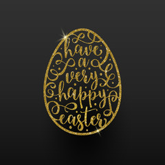 Vector Easter greeting card  -  easter glitter gold egg with calligraphic type design