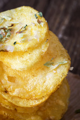 Pile of crispy chips on baking paper