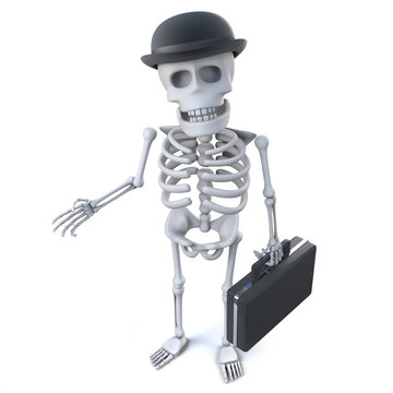 3d Skeleton businessman in bowler hat and carrying briefcase