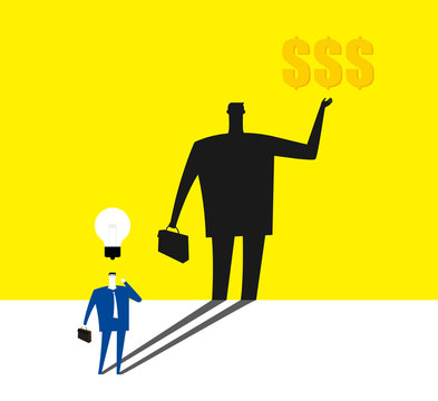 Seeking for money / A business man is seeking for money via his idea.