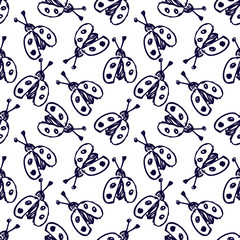 Seamless vector pattern, background with cute ladubugs on the white backdrop. Hand sketch drawing. Imitation of ink pencilling. Series of Insects and Hand Drawn Patterns.