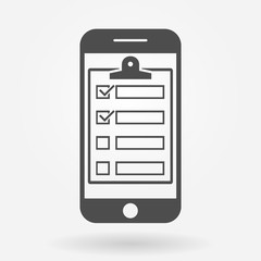 Mobile phone with checklist icon. Smartphone with clipboard and checklist on the screen. Vector illustration