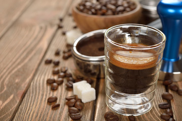 Espresso coffee in a glass cup