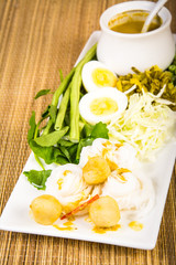 Local Rice vermicelli and curry sauce with vegetable (Kanom Jeen Nam Ya)