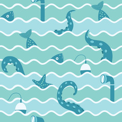Marine Life In Wave Seamless Background