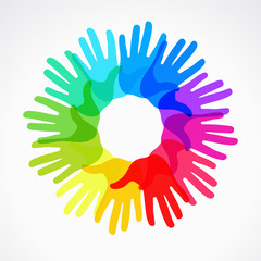 Conceptual circle of colorful hand prints