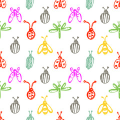 Seamless vector pattern with insects, background with ladubugs, wasps, beetle, butterflies and dragonflies. Hand sketch drawing. Imitation of ink pencilling. Series of Insects and Hand Drawn Patterns.