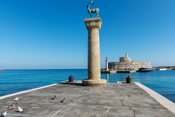 Mandraki harbor entrance, Rhodes Greece