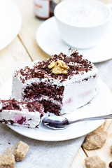 Delicious chocolate cake on plate on table on light background