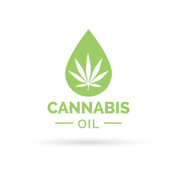 Medical Cannabis Oil Icon Design With Marijuana Leaf And Hemp Oil Drop Symbol. Vector Illustration.
