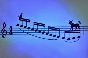 Chien et chat sur des notes de musique