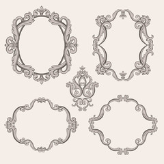 Set collection of baroque frames and sign isolated on beige background. Vector illustration. Can use for birthday card, wedding invitations, damask pattern, page decoration...