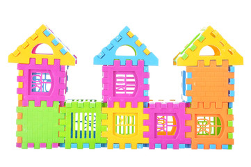 Multi color building pieces block create house isolated on white