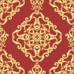 Seamless damask pattern. Gold and red texture in vintage rich royal style. Vector illustration. Can use as background for birthday card, wedding invitations, textile print, wallpaper, wrapping paper
