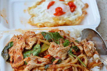 stir-fried bamboo shoot with chicken curry in foam box for easy lunch