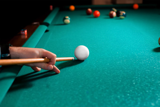 Close up photo fragment of the pool billiard game