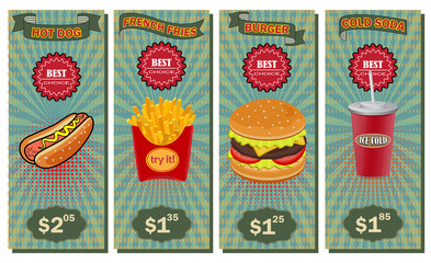 Vector Fast Food vertical banners set. Restaurant and hamburger, burger lunch snack, soda and hot dog illustration