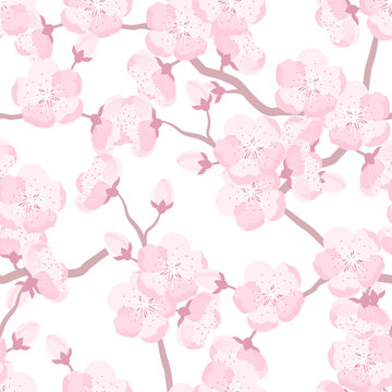 Japanese sakura seamless pattern with stylized flowers. Background made without clipping mask. Easy to use for backdrop, textile, wrapping paper