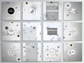 Set of 12 creative cards, square brochure template design. Molecular research, cells in gray, science vector background