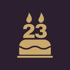 The birthday cake with candles in the form of number 23 icon. Birthday symbol. Flat