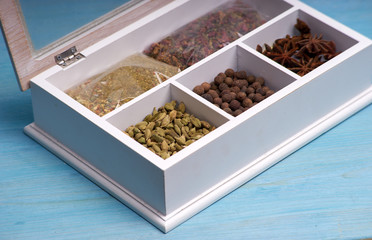 set of spices in a wooden box