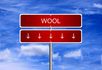 Wool price investment trading crash arrow going down falling industry bear market concept.
