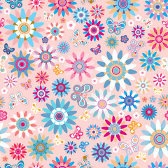 Vector seamless - cute flower pattern with butterfly