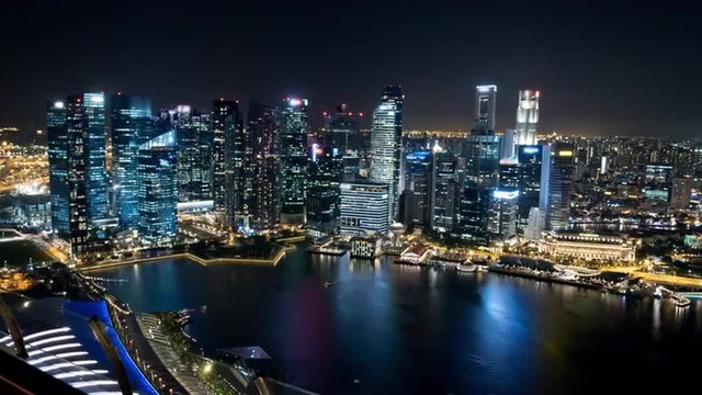 Time lapse of the Singapore skyline, western part, at night. Brands and trademarks have been blurred. Clip 2.
