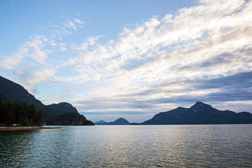 islands at dusk in the howe sound a network of fjords close to vancouver city in british columbia canada