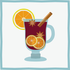 Mulled wine with orange slice and cinnamon stick. Vector illustration, flat style.