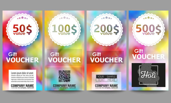 Set of modern gift voucher templates. Colorful background for Holi celebration, vector illustration