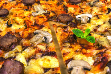 handmade pizza with salami and mushrooms on wooden board, close-