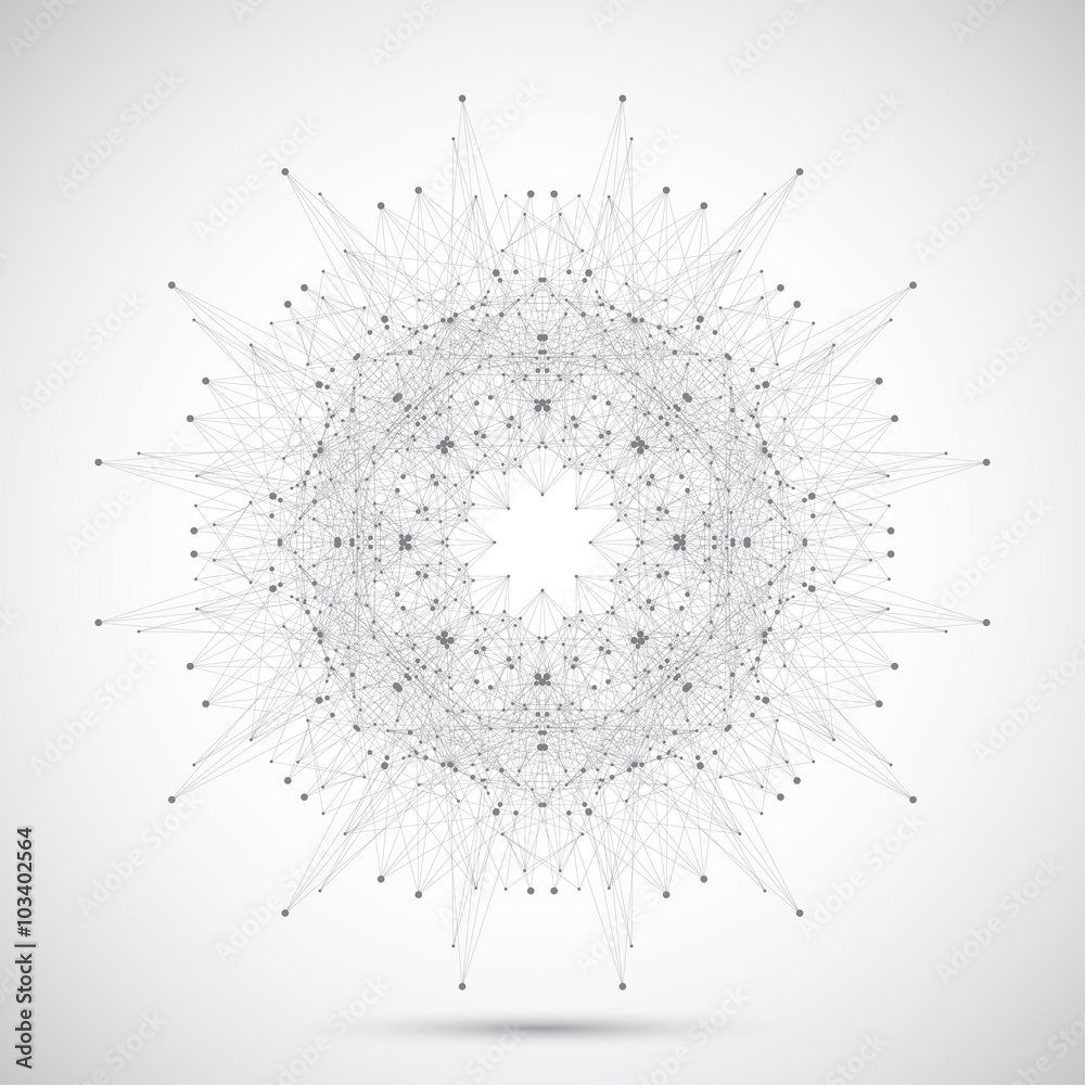 Poster Geometric abstract form with connected line and dots. Futuristic technology object for your design. Vector illustration