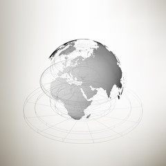 Three-dimensional dotted world globe with abstract construction on gray background, vector illustration