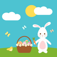 cute easter vector cartoon with lovely bunny rabbit bird and egg basket in the meadow