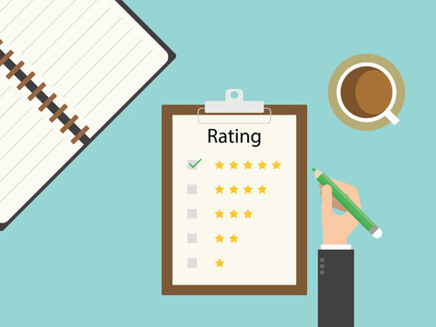 Audit rating clipboard. Flat design for business financial marketing banking advertising web concept cartoon illustration.