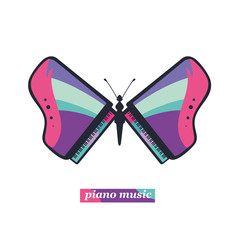 Butterfly with a wings in the shape of a piano. Live music sign.Template for a classical music concert.