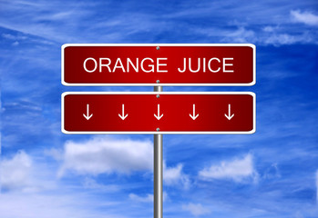 Orange juice price diet investment trading crash arrow going down falling industry bear market concept.