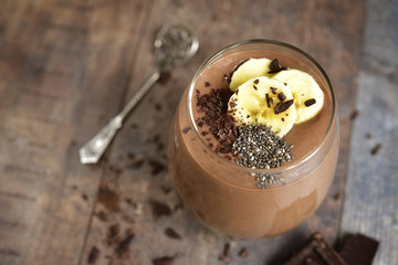 Chocolate banana smoothie with chia seed.