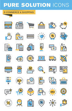 Set of thin line flat design icons of e-commerce and shopping. Icons for websites, mobile websites and apps, easy to use and highly customizable.