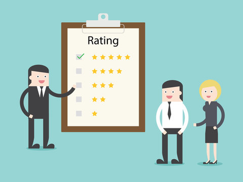 Executive explain audit rating to businessman businesswoman.  Flat design for business financial marketing banking advertising web concept cartoon illustration.