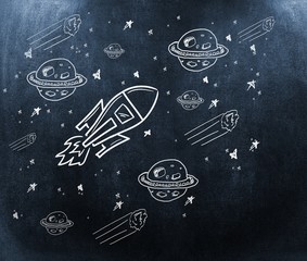 Composite image of planet, stars and rocket