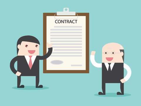 Executive talking about sign contract to businessman.  Flat design for business financial marketing banking advertising web concept cartoon illustration.