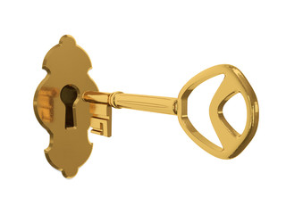 Gold Key on white background. 3d rendering