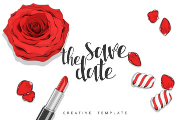 Beauty background with roses, petals, sweets in sketch. Stylish background template in red. Design greeting cards , invitations , wedding cards. Elegant design with lipstick , marshmallow and rose