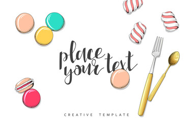 Fototapeta na wymiar Macaroon and marshmallow in sketch. Conceptual background template for presentations. Realistic outline items. Spoon and fork. Sweets on table. Presentation Text. Set of objects in sketch