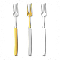 Set realistic sketch forks . Fork to create a design . Cutlery. Plugs handmade design. Gold and silver forks . Bright set of forks in sketch style .
