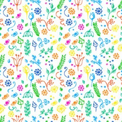 Seamless vector pattern, background with flowers and leaves on the white backdrop. Hand sketch drawing. Imitation of ink pencilling. Series of Hand Drawn Patterns.