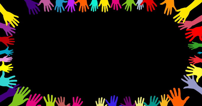 Colorful hands of a crowd with black background raised in a circle  (4k)